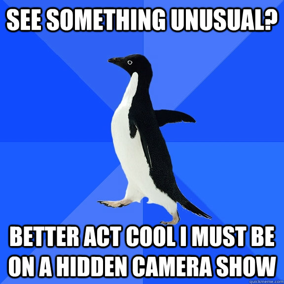 see something unusual? better act cool i must be on a hidden camera show  Socially Awkward Penguin