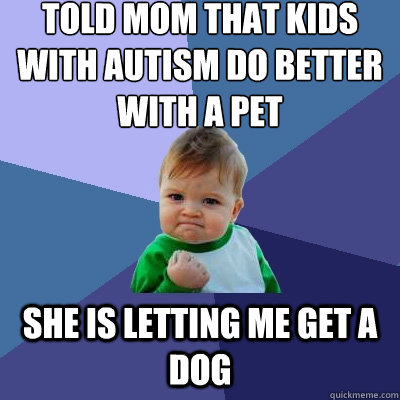 Told mom that kids with autism do better with a pet She is letting me get a dog  Success Kid