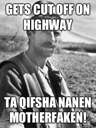 Gets cut off on highway  Ta qifsha nanen motherfaken!  Typical Albanian