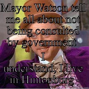 MAYOR WATSON TELL ME ALL ABOUT NOT BEING CONSULTED BY GOVERNMENT  I UNDERSTAND, I LIVE IN HINTONBURG  Condescending Wonka