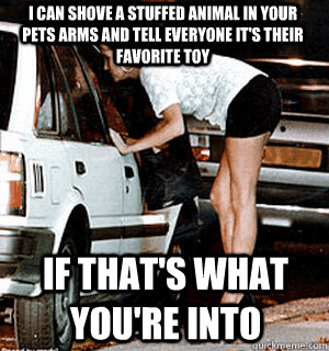 I CAN SHOVE A STUFFED ANIMAL IN YOUR PETS ARMS AND TELL EVERYONE IT'S THEIR FAVORITE TOY IF THAT'S WHAT YOU'RE INTO  Karma Whore