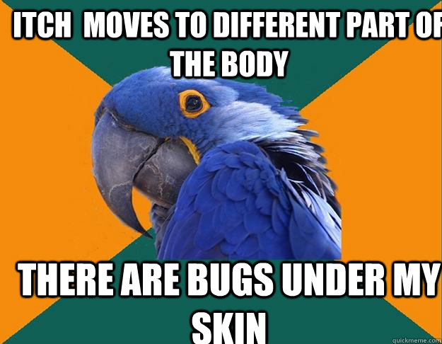 iTCH  MOVES TO DIFFERENT PART OF THE BODY tHERE ARE BUGS UNDER MY SKIN - iTCH  MOVES TO DIFFERENT PART OF THE BODY tHERE ARE BUGS UNDER MY SKIN  Paranoid Parrot