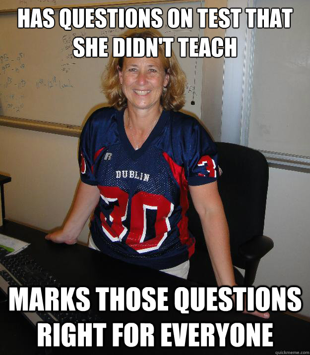 Has Questions On Test that she didn't teach marks those questions right for everyone  Helpful High School Teacher