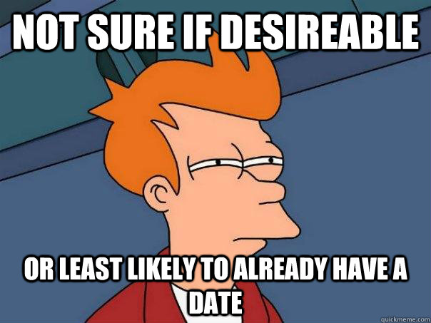 Not sure if desireable or least likely to already have a date  Futurama Fry