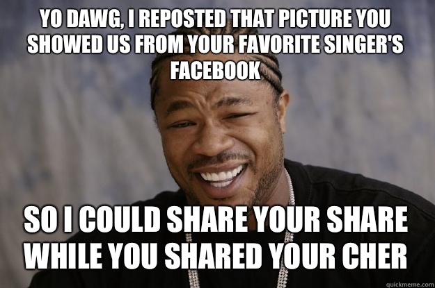 Yo dawg, I REPOSTED that picture you showed us from your favorite singer's Facebook  So I could share your share while you shared your Cher   Xzibit meme