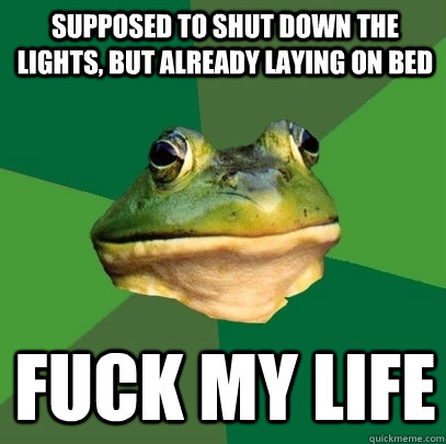 supposed to shut down the lights, but already laying on bed fuck my life  Foul Bachelor Frog