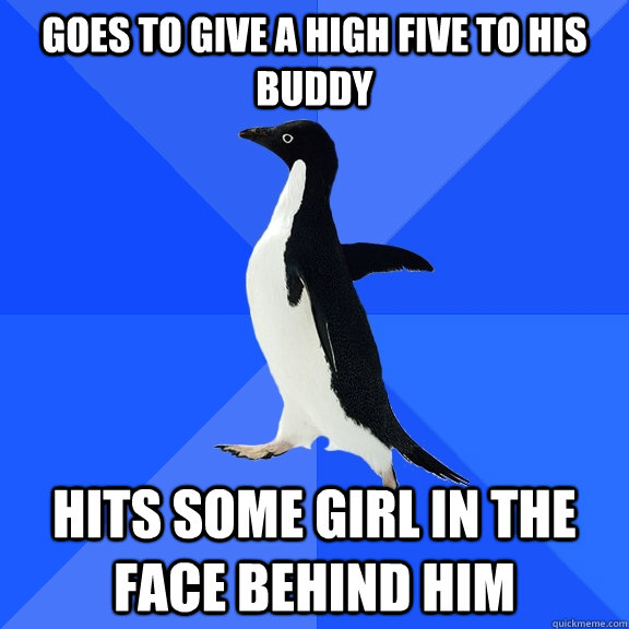 Goes to give a high five to his buddy Hits some girl in the face behind him  Socially Awkward Penguin