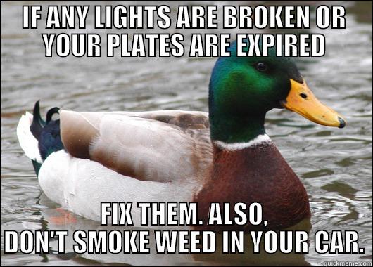 IF ANY LIGHTS ARE BROKEN OR YOUR PLATES ARE EXPIRED FIX THEM. ALSO, DON'T SMOKE WEED IN YOUR CAR. Actual Advice Mallard
