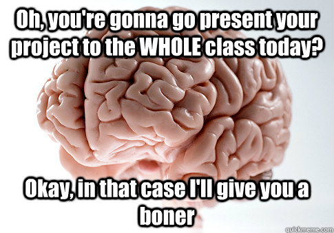 Oh, you're gonna go present your project to the WHOLE class today? Okay, in that case I'll give you a boner   Scumbag Brain