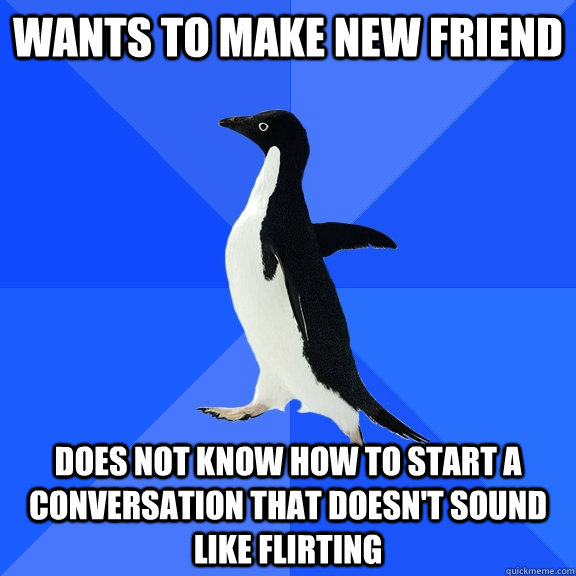 Wants to make new friend Does not know how to start a conversation that doesn't sound like flirting  Socially Awkward Penguin