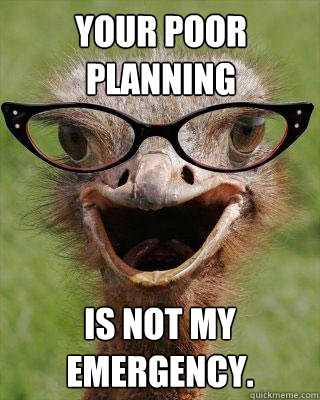 Your poor planning is not my emergency.  Judgmental Bookseller Ostrich