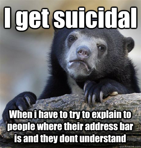I get suicidal  When i have to try to explain to people where their address bar is and they dont understand  Confession Bear