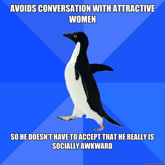 Avoids conversation with attractive women  So he doesn't have to accept that he really is socially awkward   Socially Awkward Penguin