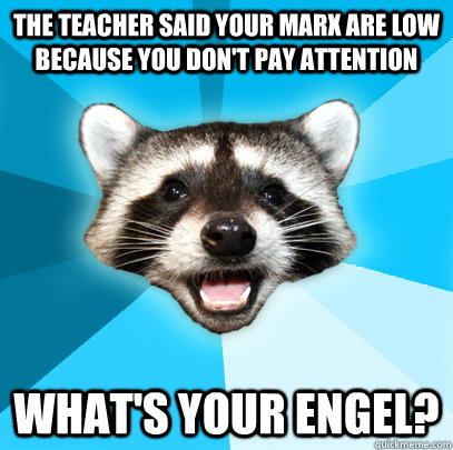THE TEACHER SAID YOUR MARX ARE LOW BECAUSE YOU DON'T PAY ATTENTION WHAT'S YOUR ENGEL?  Lame Pun Coon