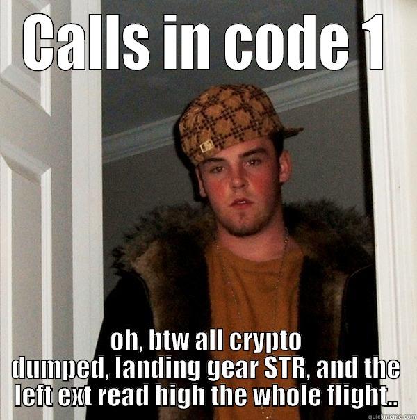 typical pilot - CALLS IN CODE 1 OH, BTW ALL CRYPTO DUMPED, LANDING GEAR STR, AND THE LEFT EXT READ HIGH THE WHOLE FLIGHT.. Scumbag Steve