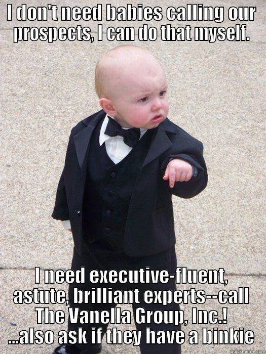 I DON'T NEED BABIES CALLING OUR PROSPECTS, I CAN DO THAT MYSELF. I NEED EXECUTIVE-FLUENT, ASTUTE, BRILLIANT EXPERTS--CALL THE VANELLA GROUP, INC.! ...ALSO ASK IF THEY HAVE A BINKIE Baby Godfather