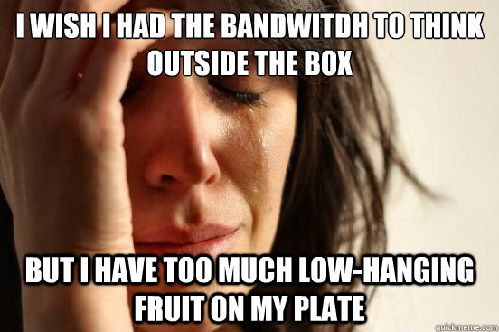 I wish I had the bandwitdh to think outside the box but I have too much low-hanging fruit on my plate  First World Problems