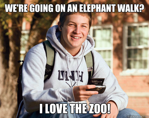 We're going on an elephant walk? I love the zoo!  College Freshman