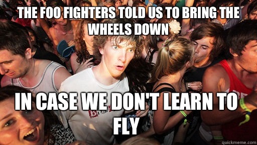 The Foo Fighters told us to bring the wheels down In case we don't learn to fly  Sudden Clarity Clarence