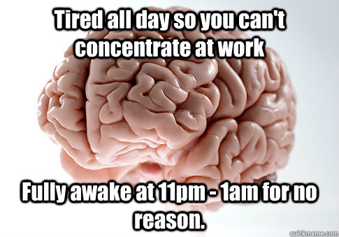 Tired all day so you can't concentrate at work Fully awake at 11pm - 1am for no reason.  Scumbag Brain