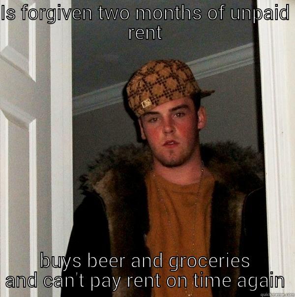 Bumbag Steve - IS FORGIVEN TWO MONTHS OF UNPAID RENT BUYS BEER AND GROCERIES AND CAN'T PAY RENT ON TIME AGAIN Scumbag Steve