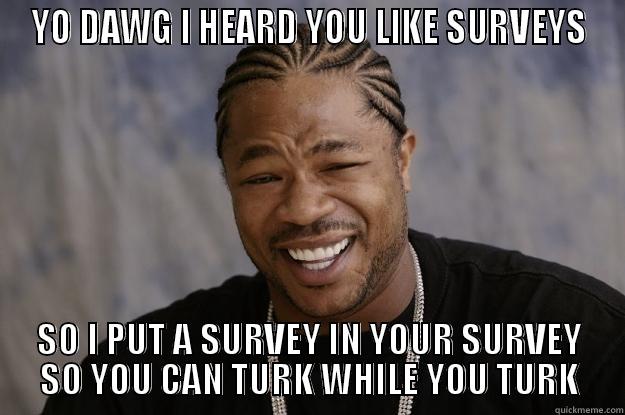 YO DAWG I HEARD YOU LIKE SURVEYS SO I PUT A SURVEY IN YOUR SURVEY SO YOU CAN TURK WHILE YOU TURK Xzibit meme