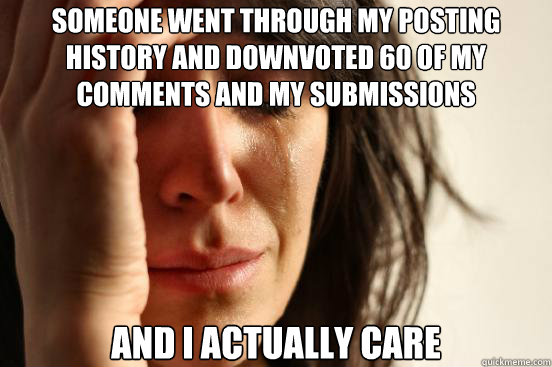 Someone went through my posting history and downvoted 60 of my comments and my submissions And I actually care  First World Problems