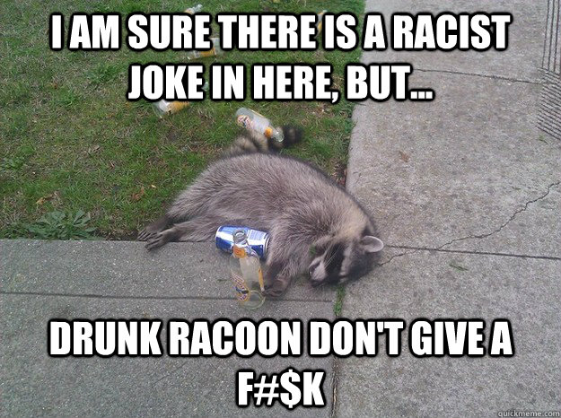 I am sure there is a racist joke in here, but... drunk racoon don't give a F#$K  