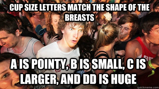 Cup size letters match the shape of the breasts A is pointy, B is small, C is larger, and DD is huge  Sudden Clarity Clarence