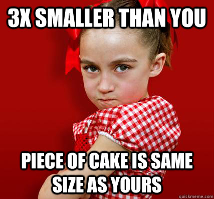 3X smaller than you Piece of cake is same size as yours  Spoiled Little Sister