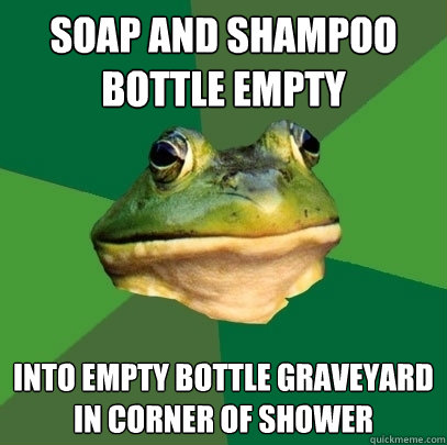 Soap and shampoo bottle empty Into empty bottle graveyard in corner of shower  