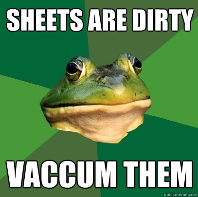 Sheets are dirty Vaccum them  Foul Bachelor Frog