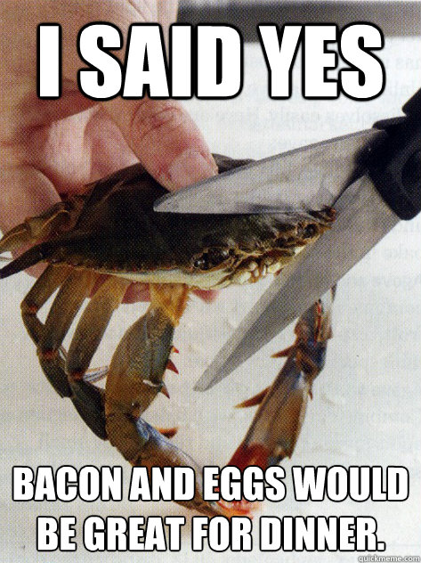 I said YES bacon and eggs would be great for dinner.  Optimistic Crab