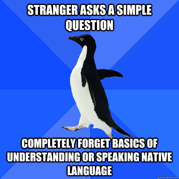 Stranger asks a simple question completely forget basics of understanding or speaking native language  Socially Awkward Penguin