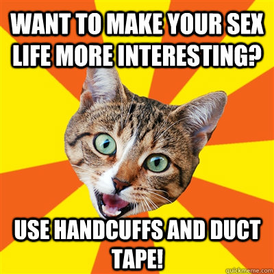 Want to make your sex life more interesting? Use handcuffs and duct tape! - Want to make your sex life more interesting? Use handcuffs and duct tape!  Bad Advice Cat