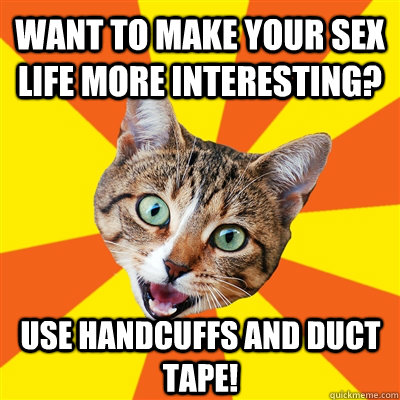 Want to make your sex life more interesting? Use handcuffs and duct tape!  Bad Advice Cat