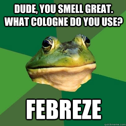 Dude, You smell great. What cologne do you use? Febreze  Foul Bachelor Frog