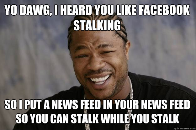 Yo dawg, i heard you like facebook stalking so I put a news feed in your news feed so you can stalk while you stalk - Yo dawg, i heard you like facebook stalking so I put a news feed in your news feed so you can stalk while you stalk  Xzibit meme