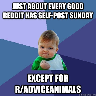 Just about every good reddit has Self-post Sunday except for r/adviceanimals  Success Kid