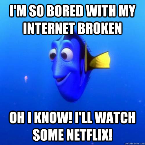 I'm so bored with my internet broken Oh i know! I'll watch some Netflix!  dory