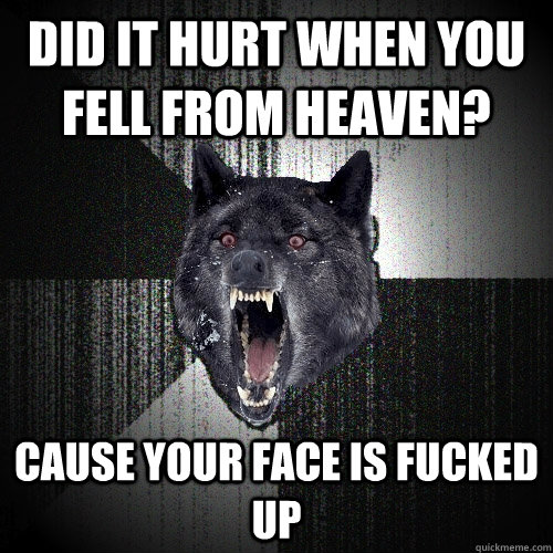 Did it hurt when you fell from heaven? Cause your face is fucked up  Insanity Wolf