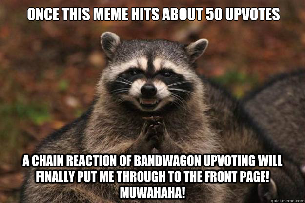 Once this meme hits about 50 upvotes a chain reaction of bandwagon upvoting will finally put me through to the front page! Muwahaha!  Evil Plotting Raccoon