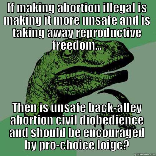 IF MAKING ABORTION ILLEGAL IS MAKING IT MORE UNSAFE AND IS TAKING AWAY REPRODUCTIVE FREEDOM... THEN IS UNSAFE BACK-ALLEY ABORTION CIVIL DIOBEDIENCE AND SHOULD BE ENCOURAGED BY PRO-CHOICE LOIGC? Philosoraptor