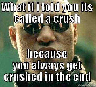 WHAT IF I TOLD YOU ITS CALLED A CRUSH BECAUSE YOU ALWAYS GET CRUSHED IN THE END Matrix Morpheus