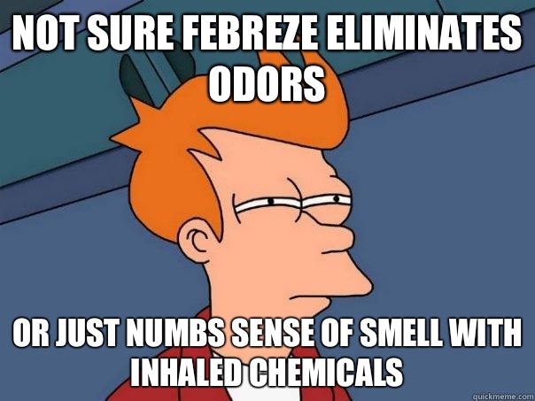 Not sure Febreze eliminates odors Or just numbs sense of smell with inhaled chemicals  Futurama Fry