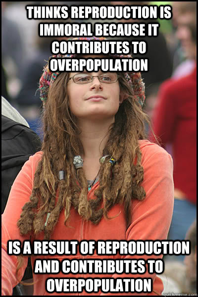 Thinks reproduction is immoral because it contributes to overpopulation is a result of reproduction and contributes to overpopulation  College Liberal