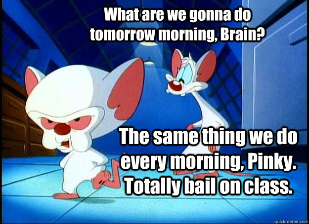 What are we gonna do tomorrow morning, Brain? The same thing we do every morning, Pinky. Totally bail on class.  Pinky and the Brain