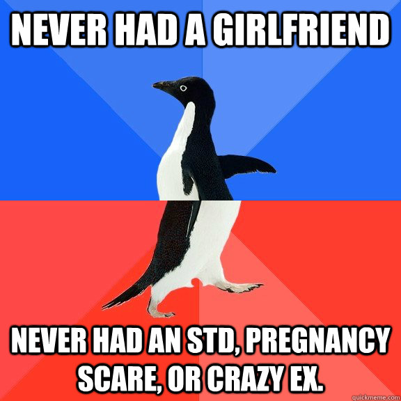 Never had a girlfriend Never had an std, pregnancy scare, or crazy ex.  Socially Awkward Awesome Penguin
