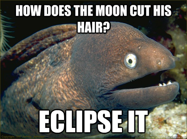 How does the moon cut his hair? Eclipse it  Bad Joke Eel