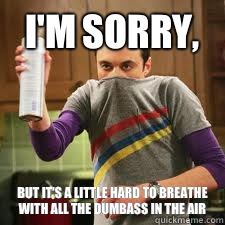 I'm sorry, but it's a little hard to breathe with all the dumbass in the air - I'm sorry, but it's a little hard to breathe with all the dumbass in the air  Sheldon Cooper Spray